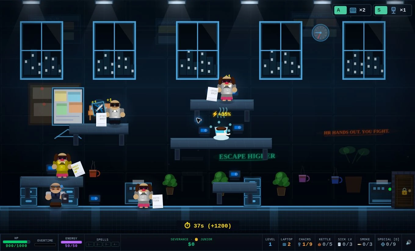 Actual Corporate Ladder gameplay: enemies, desks, laptop pickups and the resource HUD on level one