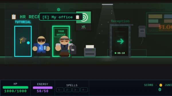 Actual Open World gameplay: the player in the corridor beside the tutorial, office and reception doors